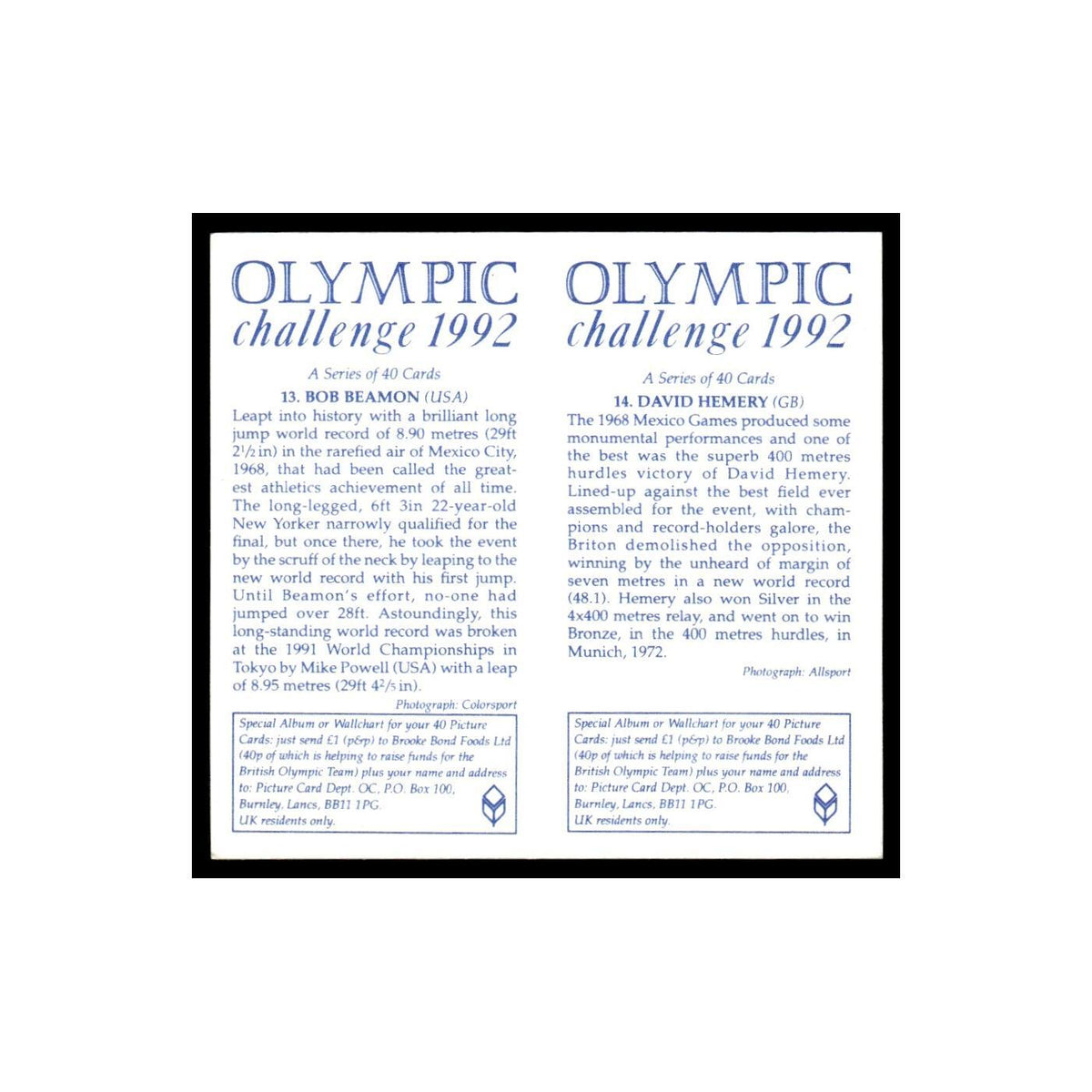 Bob Beamon David Hemery 1992 Brooke Bond Olympic Challenge Double Card #13/14 NM