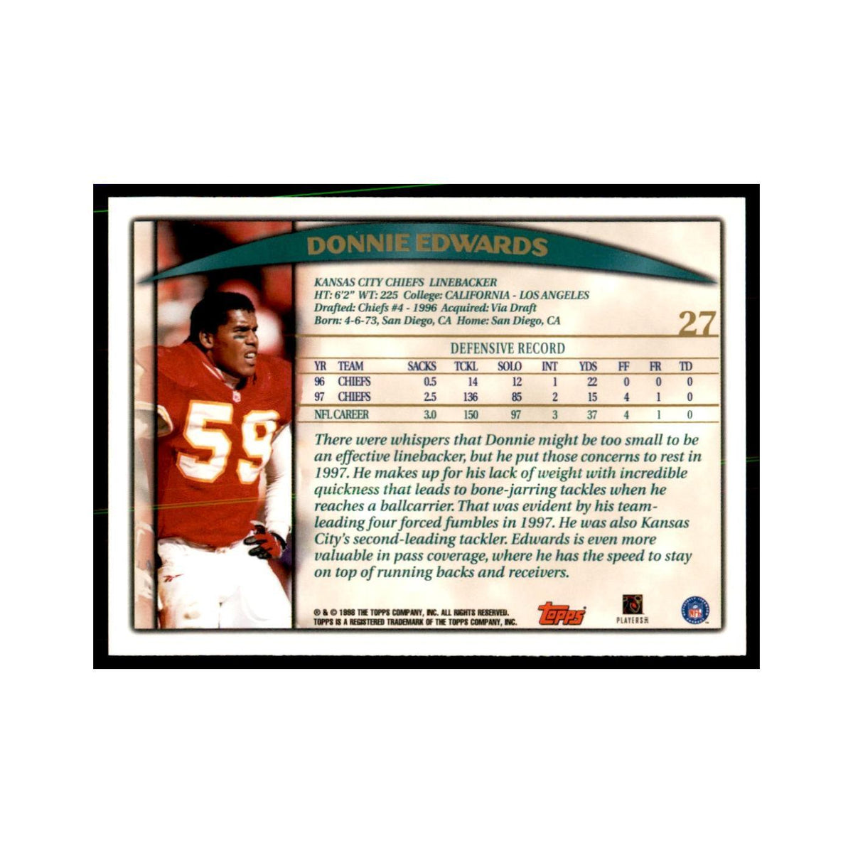 Donnie Edwards 1998 Topps #27 Football Cards Football Card NM
