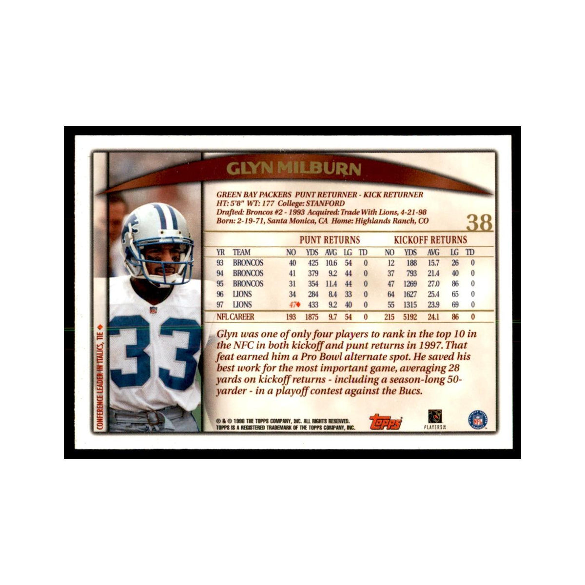 Glyn Milburn 1998 Topps #38 Football Cards Football Card NM