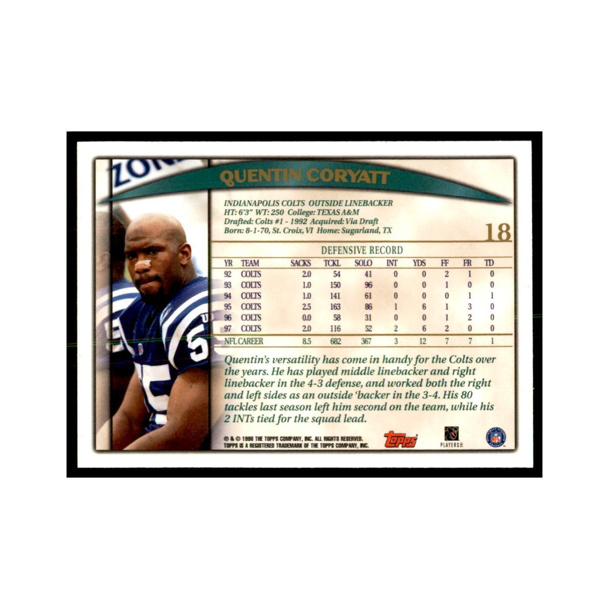 Quentin Coryatt 1998 Topps #18 Football Cards Football Card NM