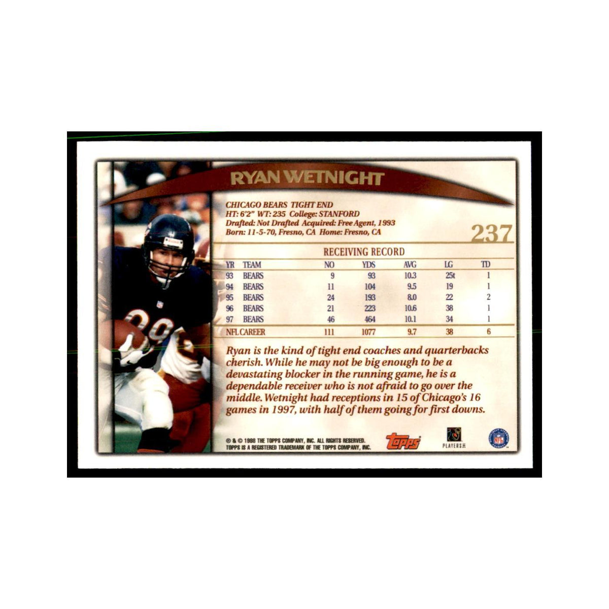 Ryan Wetnight 1998 Topps #237 Football Cards Football Card NM