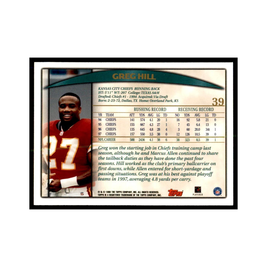 Greg Hill 1998 Topps #39 Football Cards Football Card NM