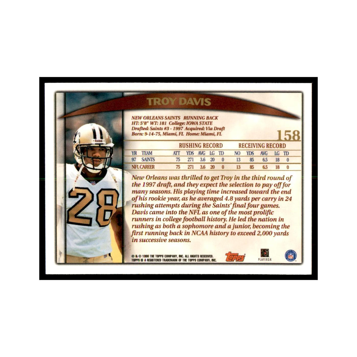 Troy Davis 1998 Topps #158 Football Cards Football Card NM