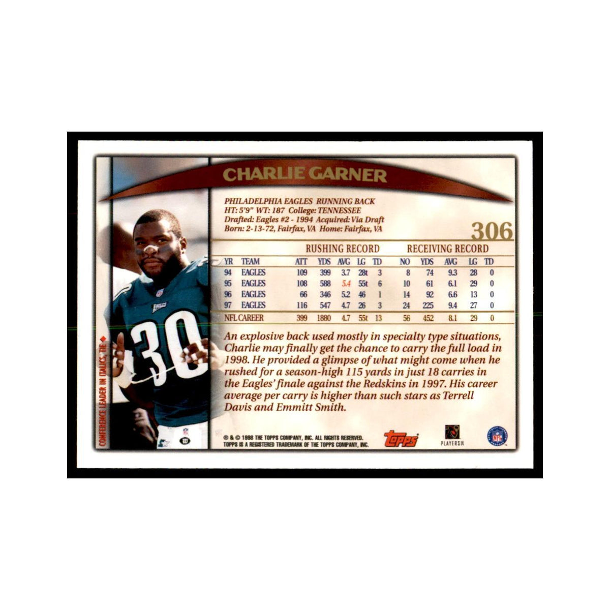 Charlie Garner 1998 Topps #306 Football Cards Football Card NM