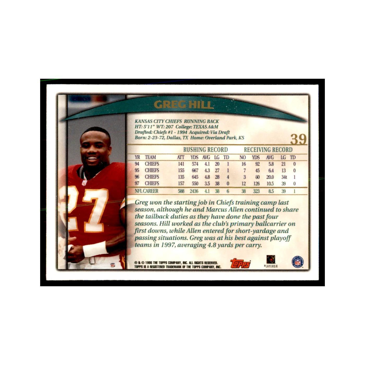 Greg Hill 1998 Topps #39 Football Cards Football Card NM