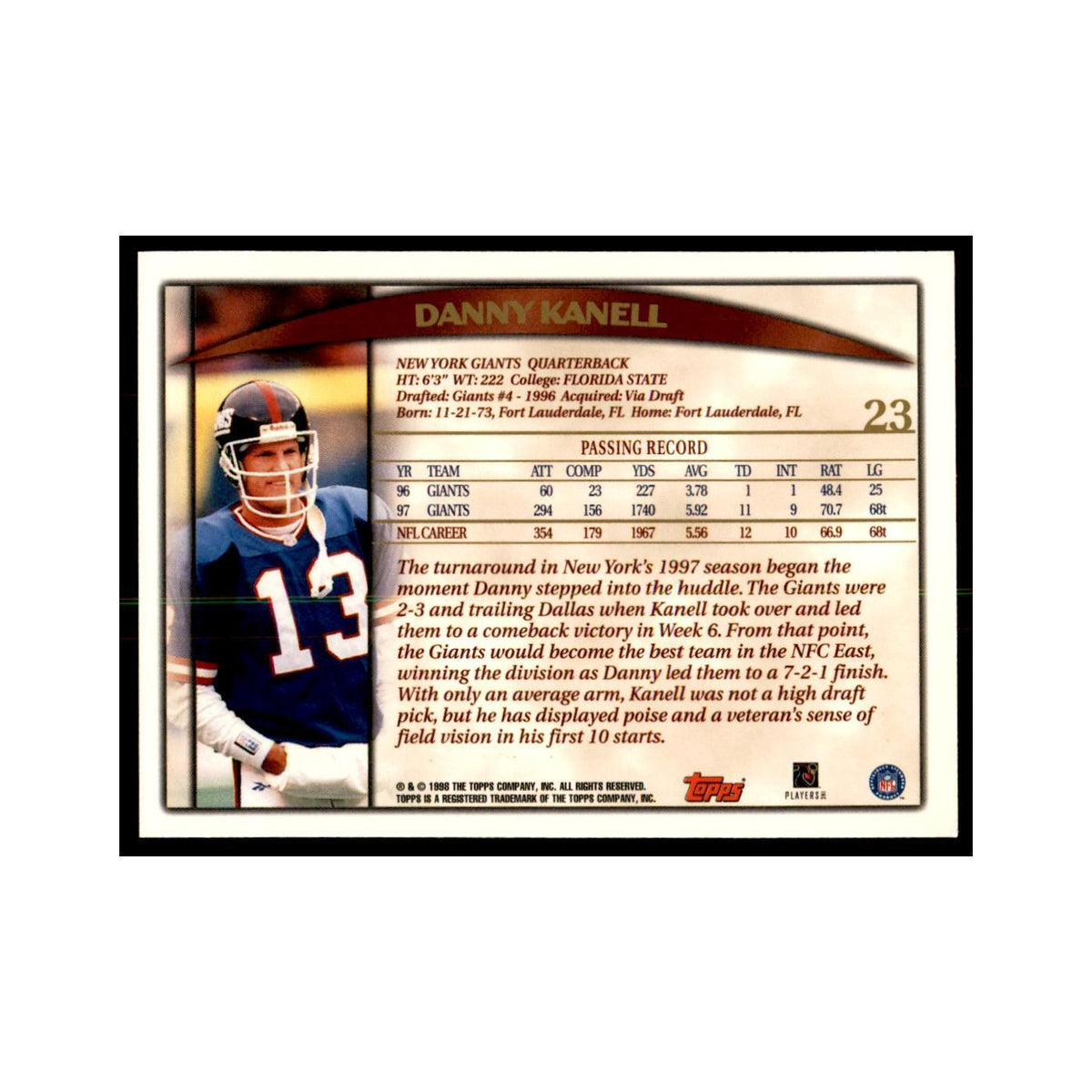 Danny Kanell 1998 Topps #23 Football Cards Football Card NM