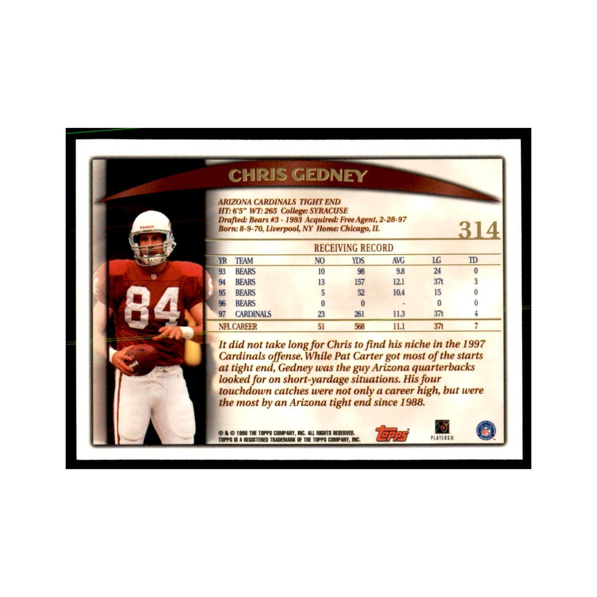 Chris Gedney 1998 Topps #314 Football Cards Football Card NM