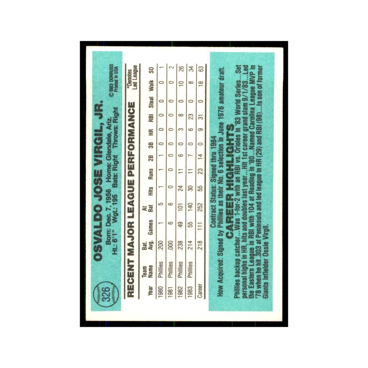 Ozzie Virgil 1984 Donruss #326 Philadelphia Phillies Baseball Card NM