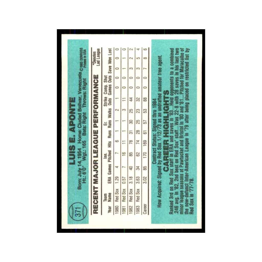 Luis Aponte 1984 Donruss #371 Boston Red Sox Baseball Card NM