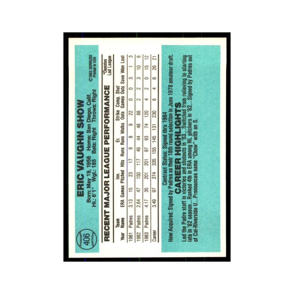 Eric Show 1984 Donruss #406 San Diego Padres Baseball Card NM