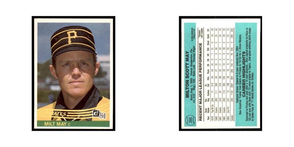 Milt May 1984 Donruss #386 Pittsburgh Pirates Baseball Card NM