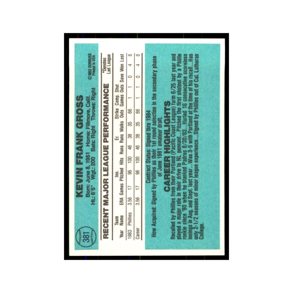 Kevin Gross Rookie 1984 Donruss #381 Philadelphia Phillies Baseball Card NM