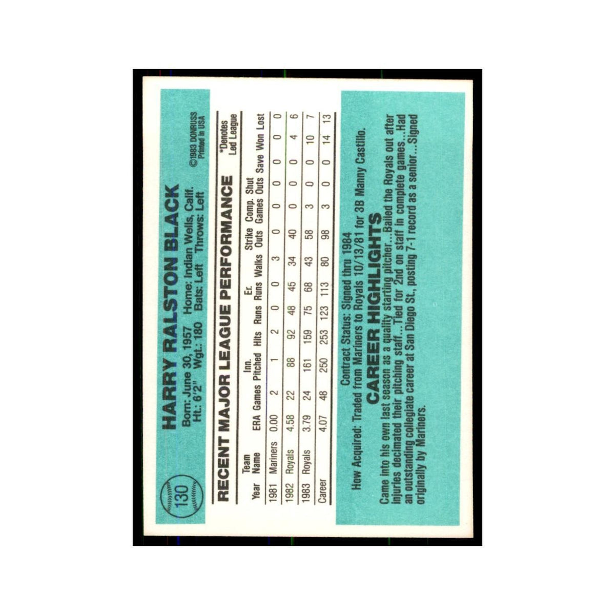 Bud Black 1984 Donruss #130 Kansas City Royals Baseball Card NM