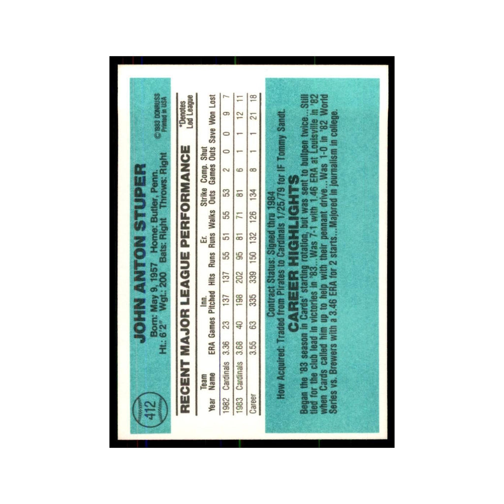 John Stuper 1984 Donruss #412 St. Louis Cardinals Baseball Card NM