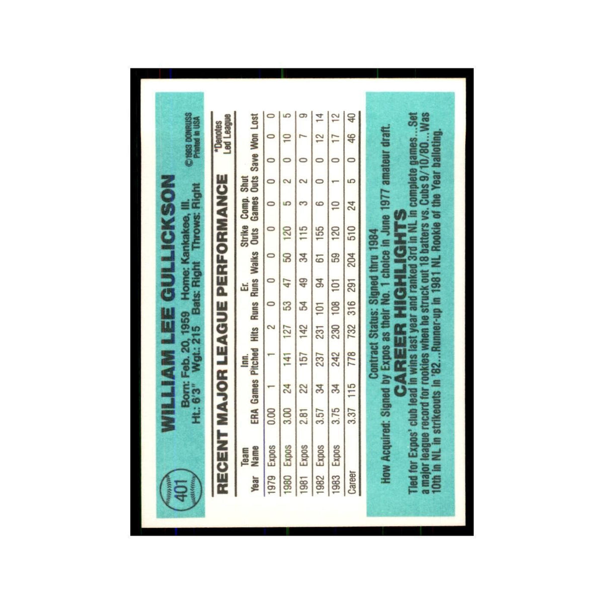 Bill Gullickson 1984 Donruss #401 Montreal Expos Baseball Card NM