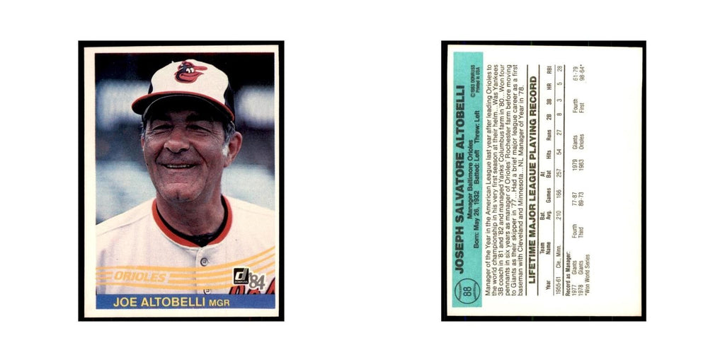 Joe Altobelli 1984 Donruss #88 Baltimore Orioles Baseball Card NM
