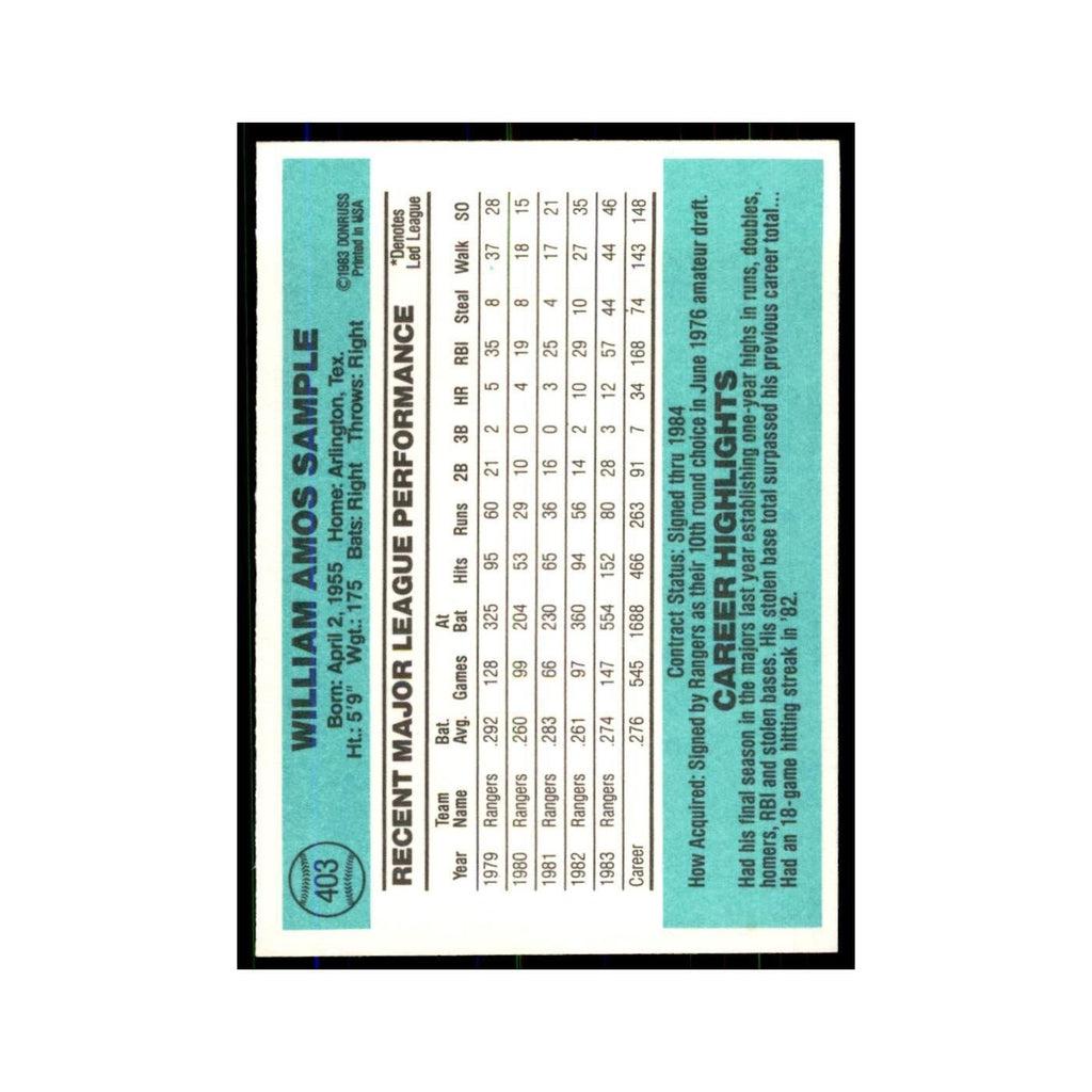 Billy Sample 1984 Donruss #403 Texas Rangers Baseball Card NM