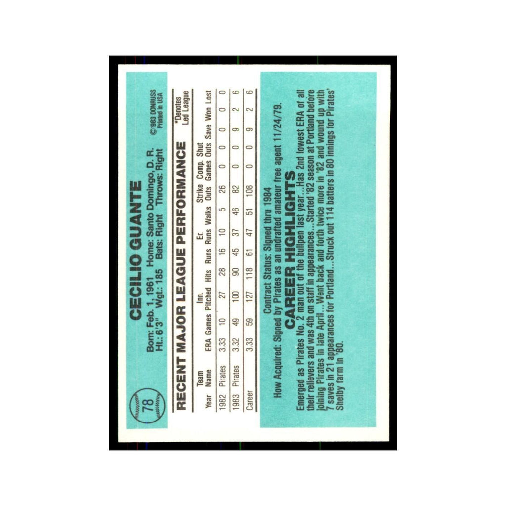 Cecilio Guante 1984 Donruss #78 Pittsburgh Pirates Baseball Card NM