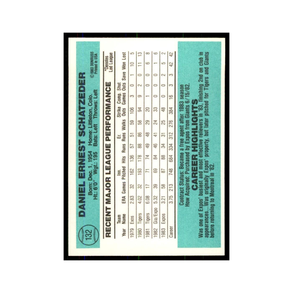 Dan Schatzeder 1984 Donruss #132 Montreal Expos Baseball Card NM