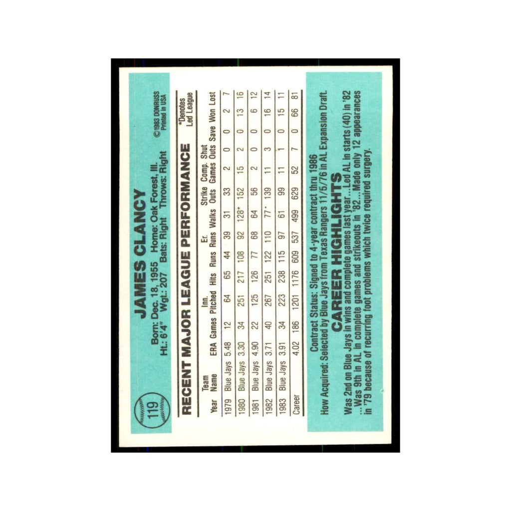 Jim Clancy 1984 Donruss #119 Toronto Blue Jays Baseball Card NM