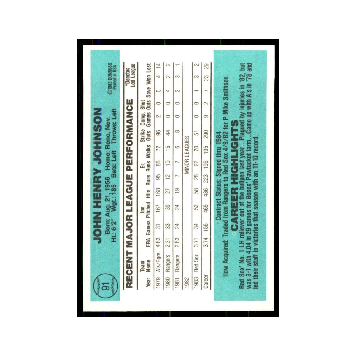 John Henry Johnson 1984 Donruss #91 Boston Red Sox Baseball Card NM