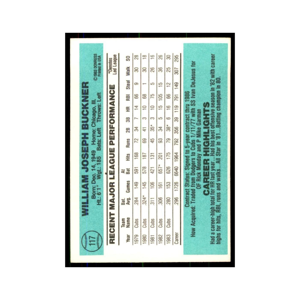 Bill Buckner 1984 Donruss #117 Chicago Cubs Baseball Card NM