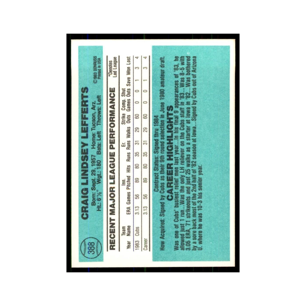 Craig Lefferts Rookie 1984 Donruss #388 Chicago Cubs Baseball Card NM