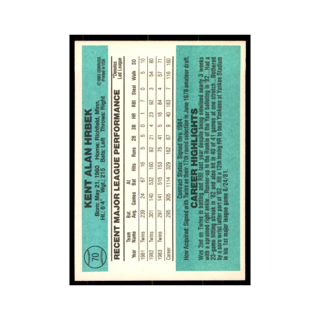 Kent Hrbek 1984 Donruss #70 Minnesota Twins Baseball Card NM