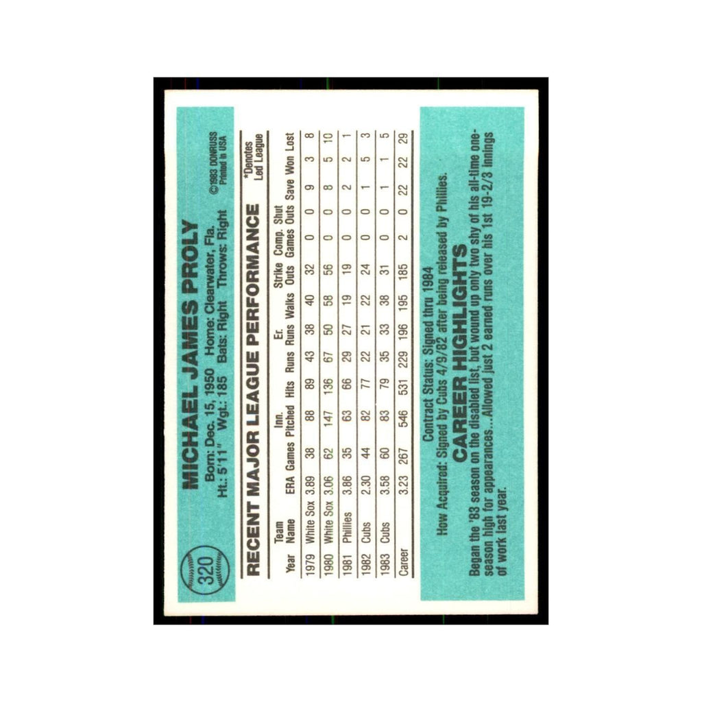Mike Proly 1984 Donruss #320 Chicago Cubs Baseball Card NM