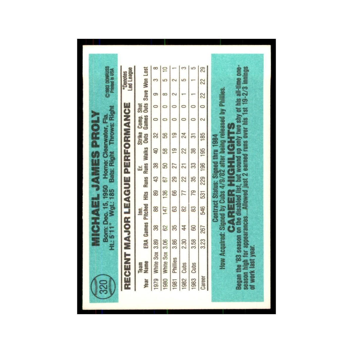 Mike Proly 1984 Donruss #320 Chicago Cubs Baseball Card NM