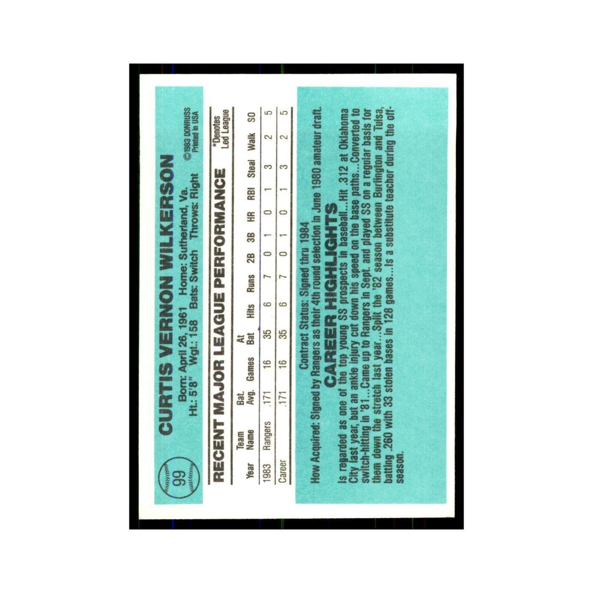 Curt Wilkerson Rookie 1984 Donruss #99 Texas Rangers Baseball Card NM