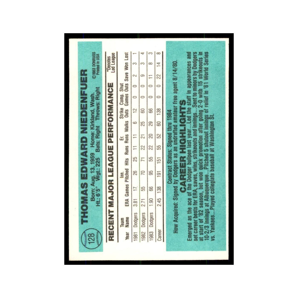 Tom Niedenfuer 1984 Donruss #128 Los Angeles Dodgers Baseball Card NM
