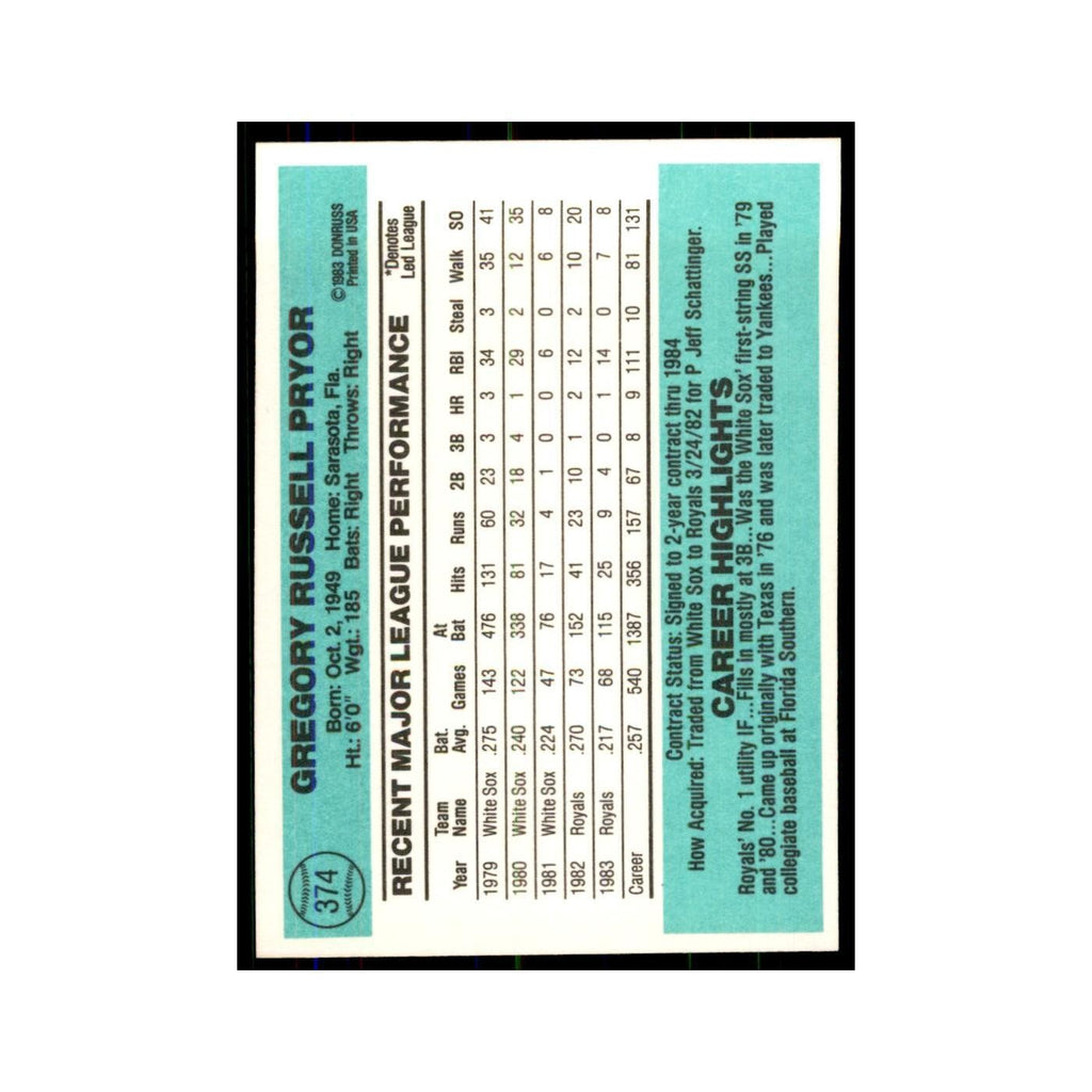 Greg Pryor 1984 Donruss #374 Kansas City Royals Baseball Card NM