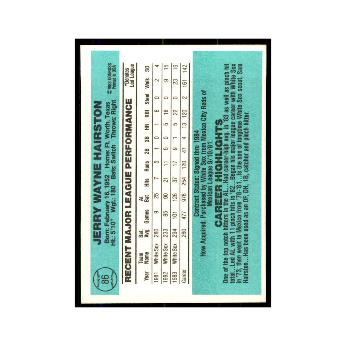 Jerry Hairston 1984 Donruss #86 Chicago White Sox Baseball Card NM