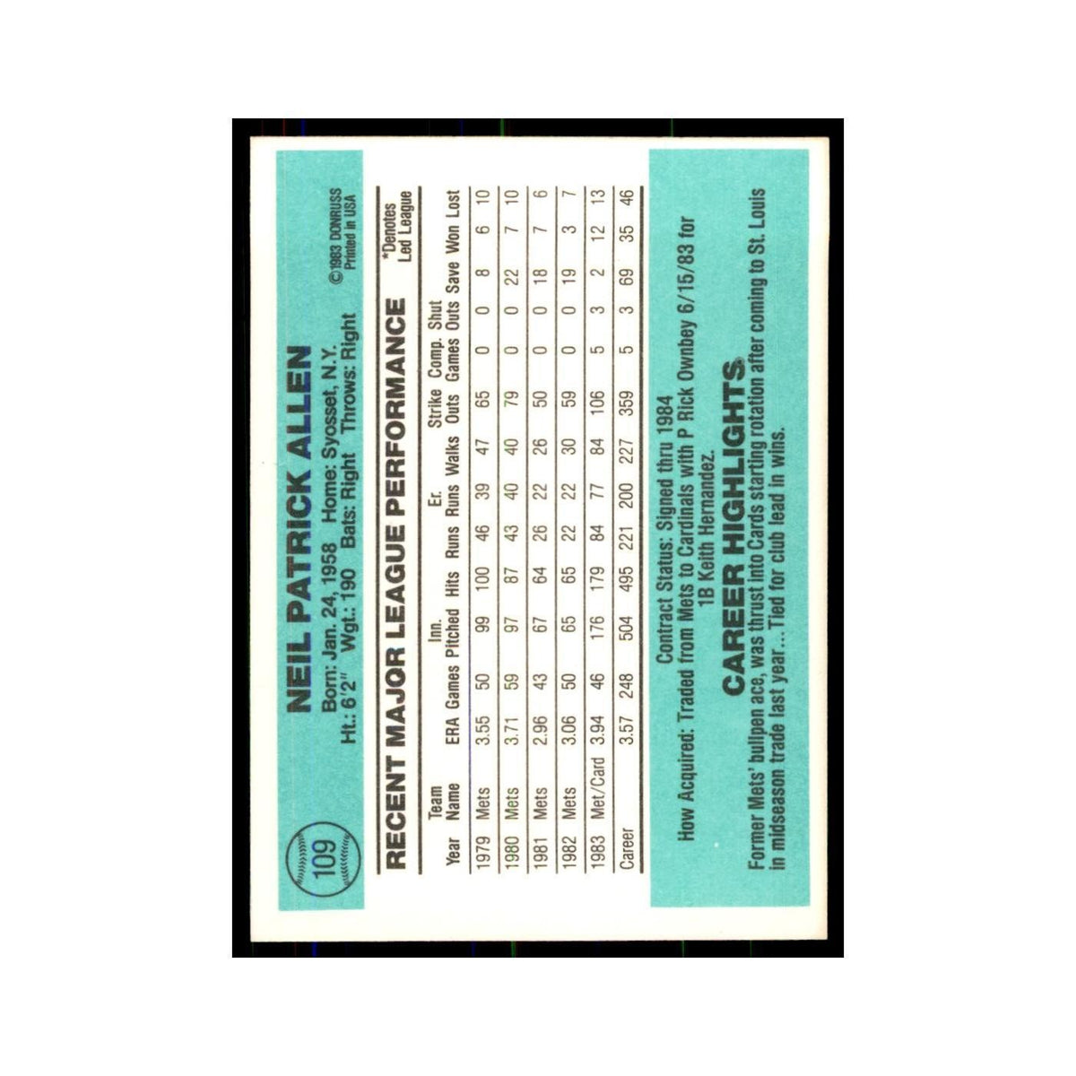 Neil Allen 1984 Donruss #109 St. Louis Cardinals Baseball Card NM