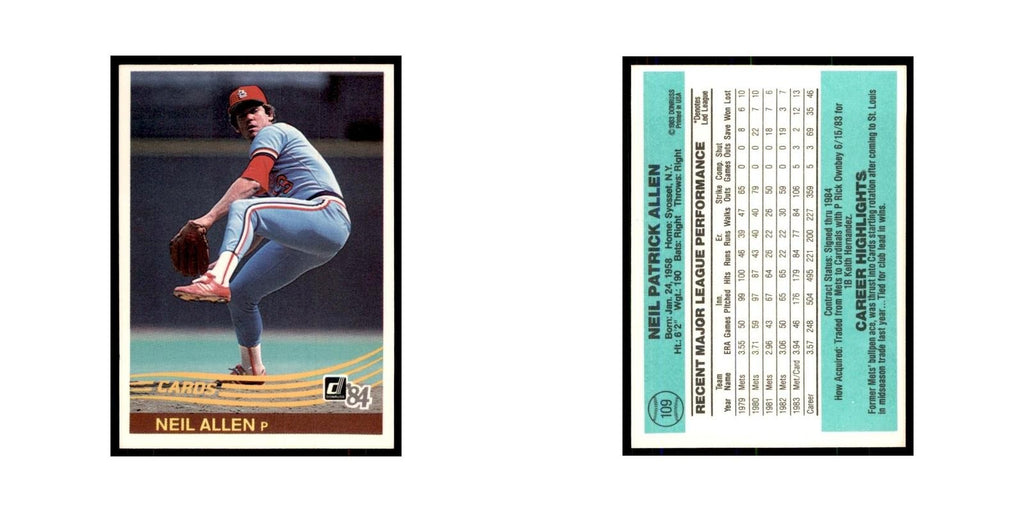 Neil Allen 1984 Donruss #109 St. Louis Cardinals Baseball Card NM