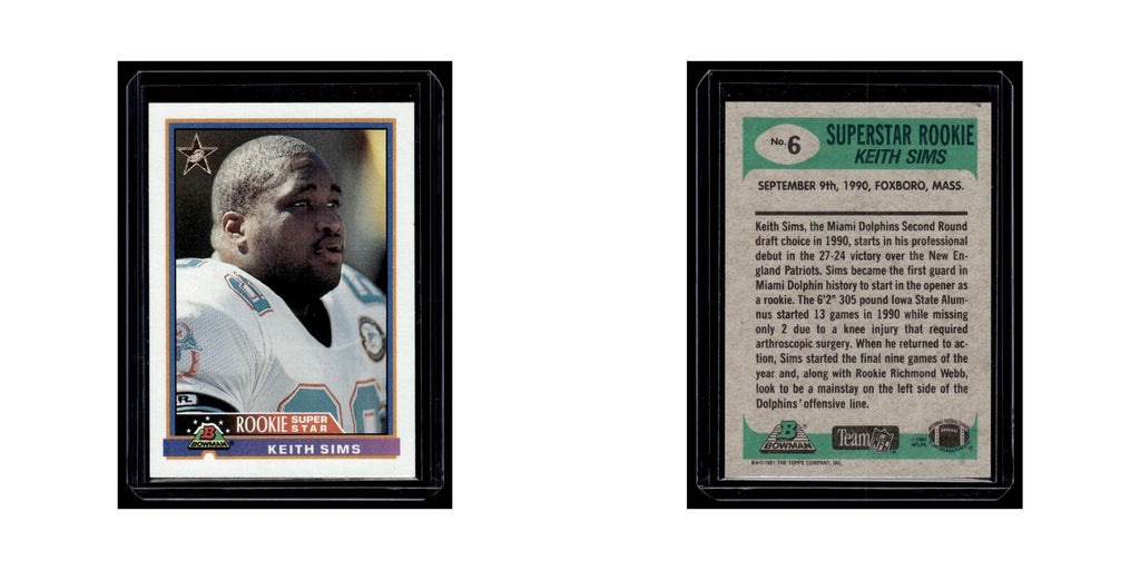 Keith Sims 1991 Bowman #6 Miami Dolphins Football Card NM