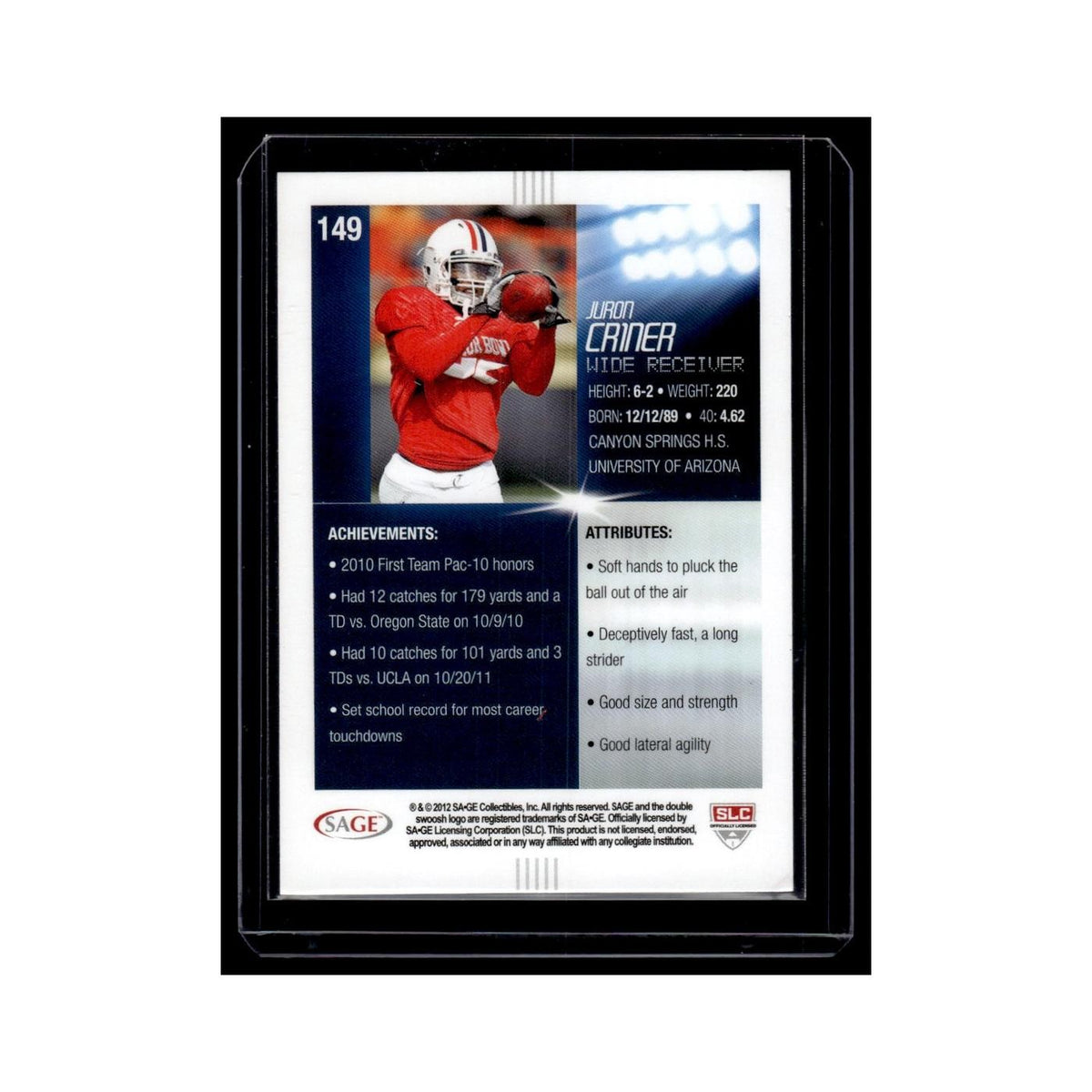 Juron Criner Rookie 2012 SAGE HIT #149 Arizona Wildcats Football Card NM