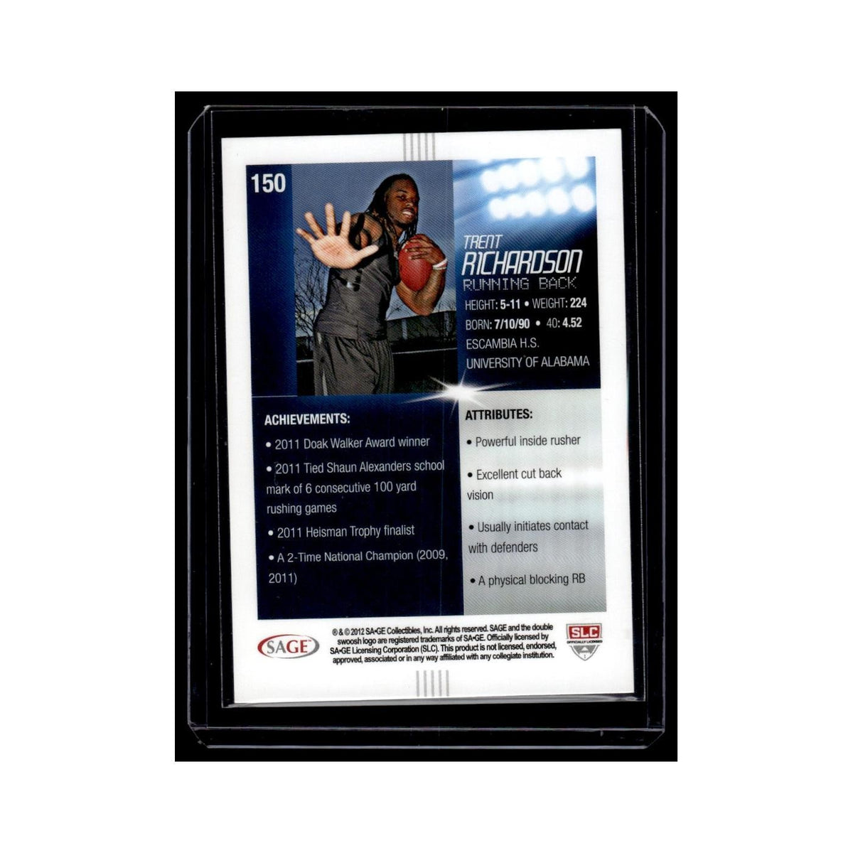 Trent Richardson Rookie 2012 SAGE HIT #150 Alabama Crimson Tide Football Card NM