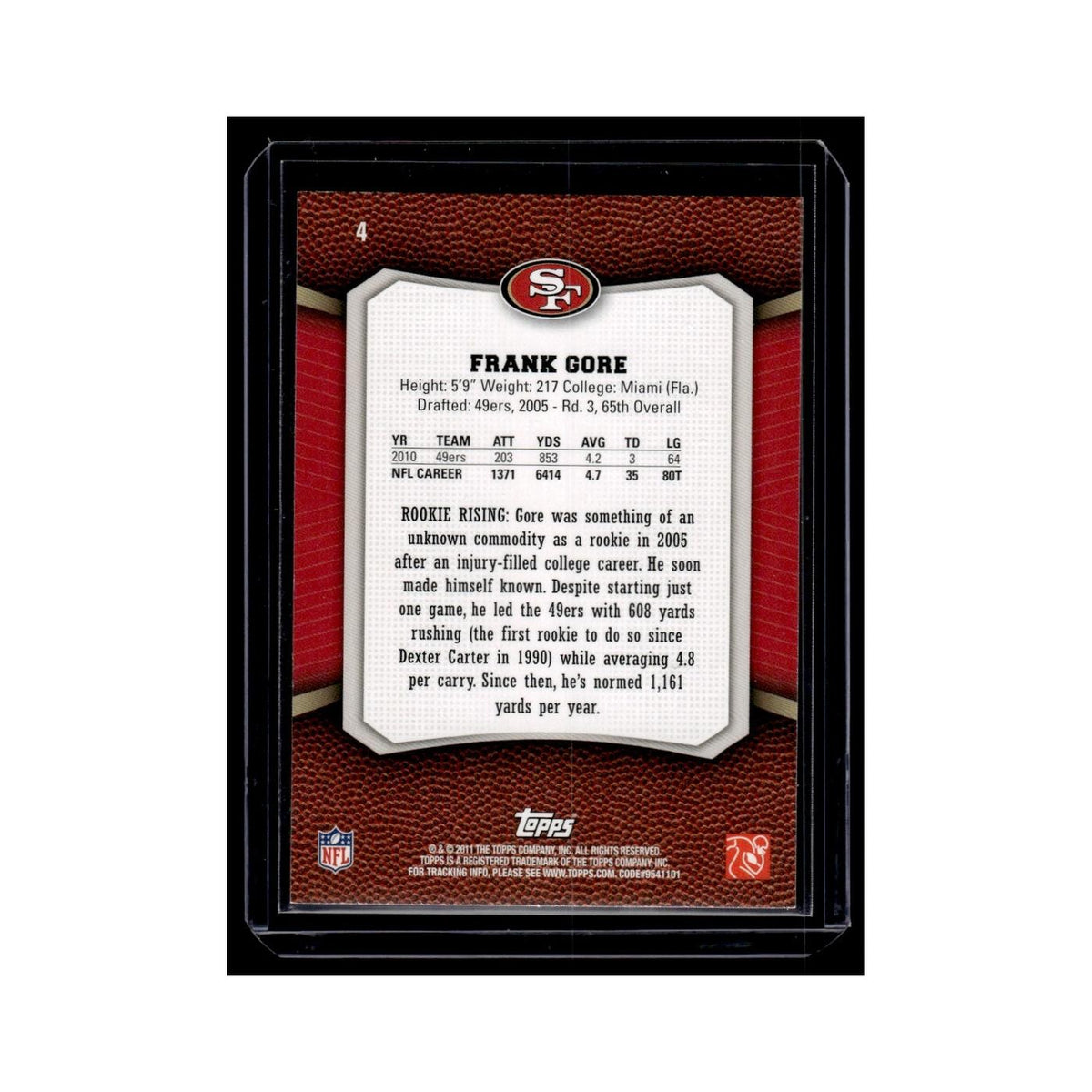 Frank Gore 2011 Topps Rising Rookies #4 San Francisco 49ers Football Card NM