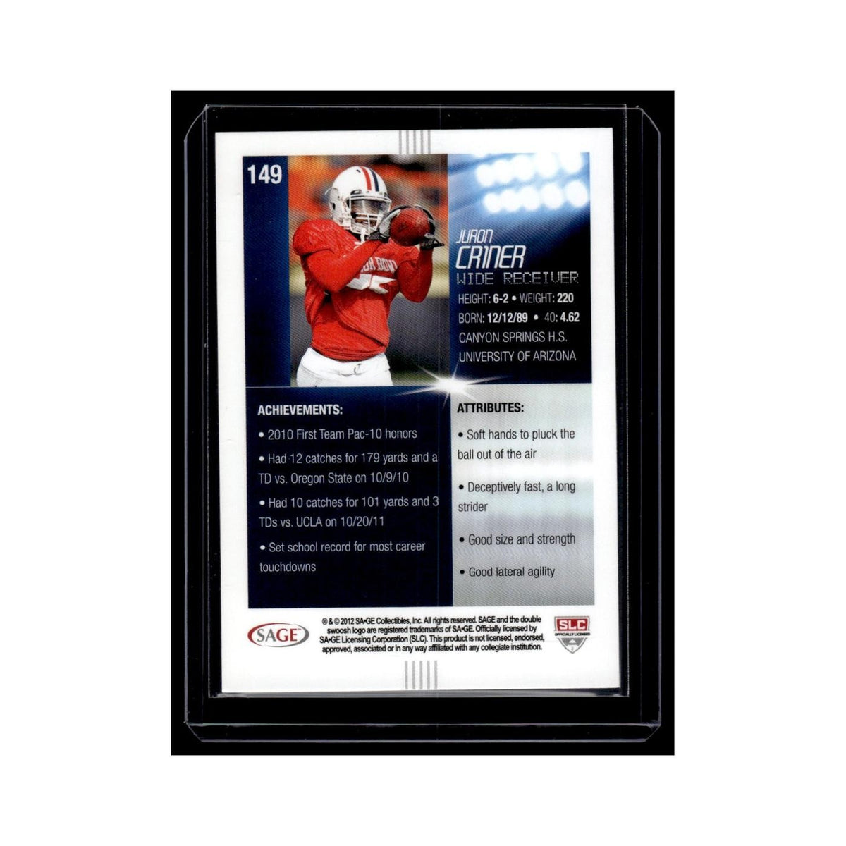 Juron Criner Rookie 2012 SAGE HIT #149 Arizona Wildcats Football Card NM