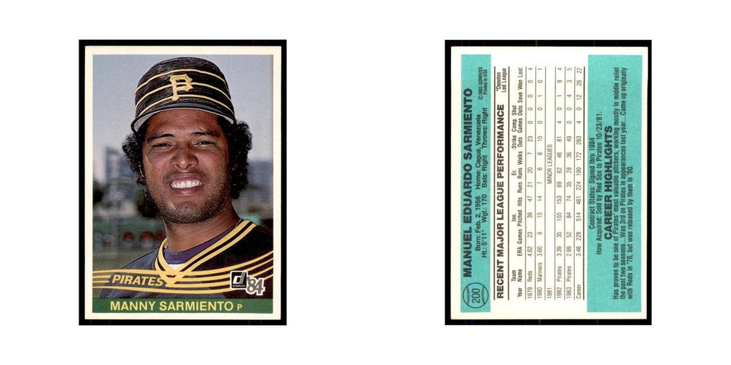 Manny Sarmiento 1984 Donruss #200 Pittsburgh Pirates Baseball Card NM