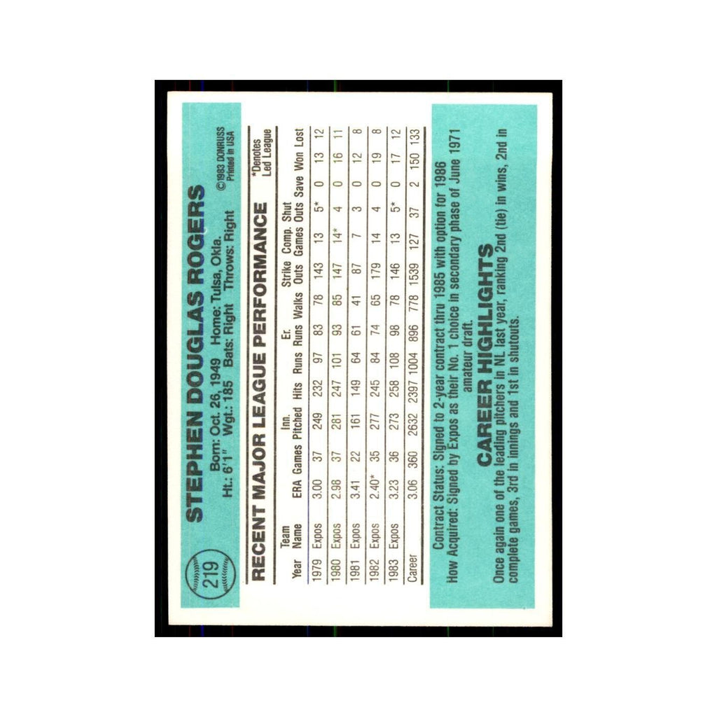 Steve Rogers 1984 Donruss #219 Montreal Expos Baseball Card NM
