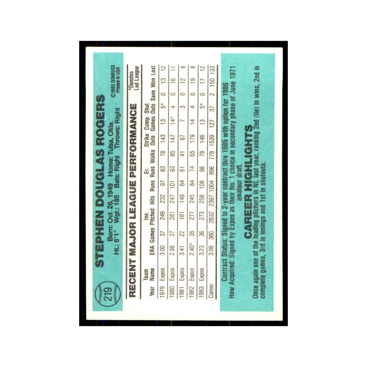 Steve Rogers 1984 Donruss #219 Montreal Expos Baseball Card NM