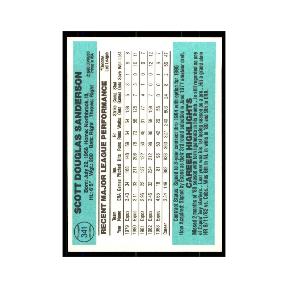 Scott Sanderson 1984 Donruss #341 Montreal Expos Baseball Card NM