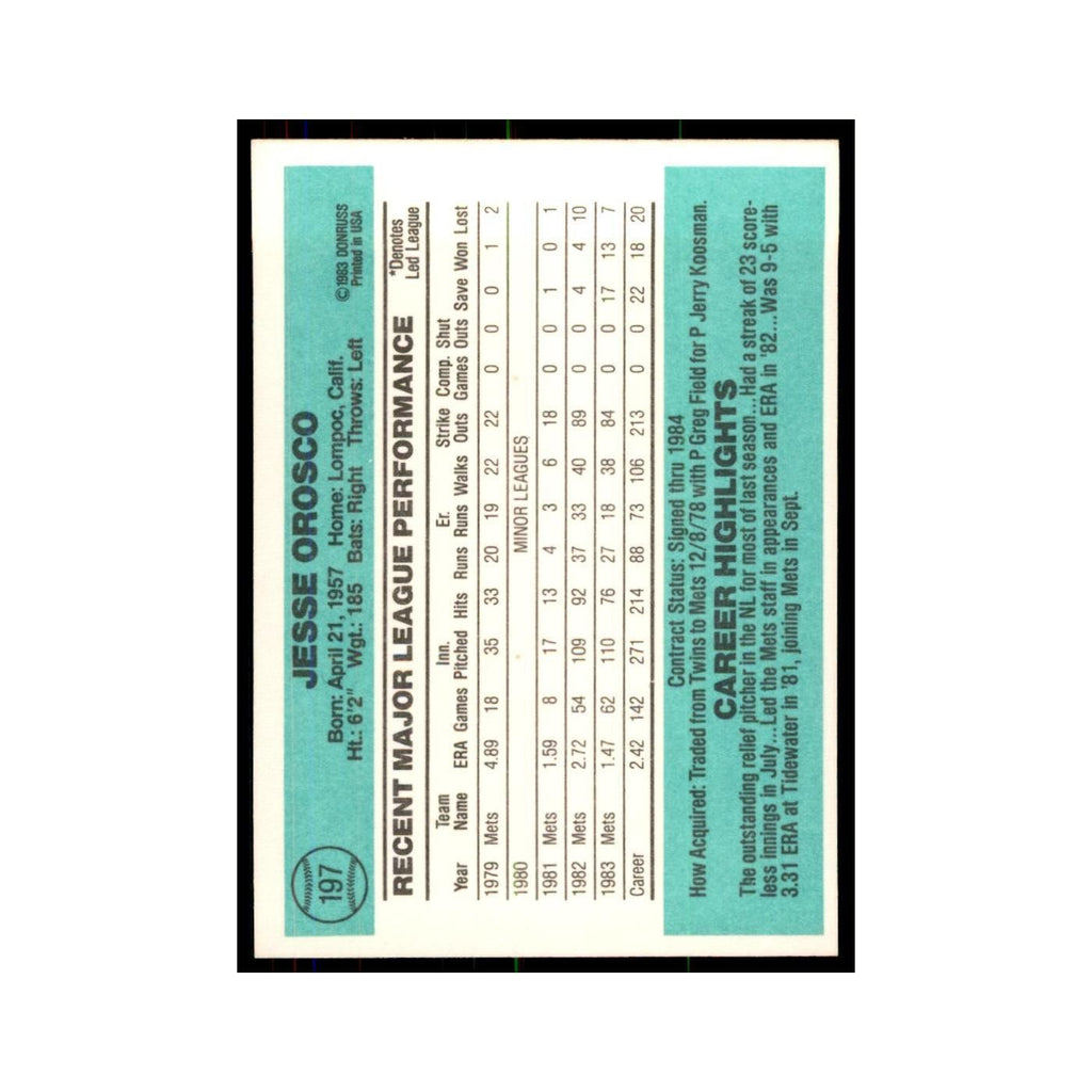 Jesse Orosco 1984 Donruss #197 New York Mets Baseball Card NM
