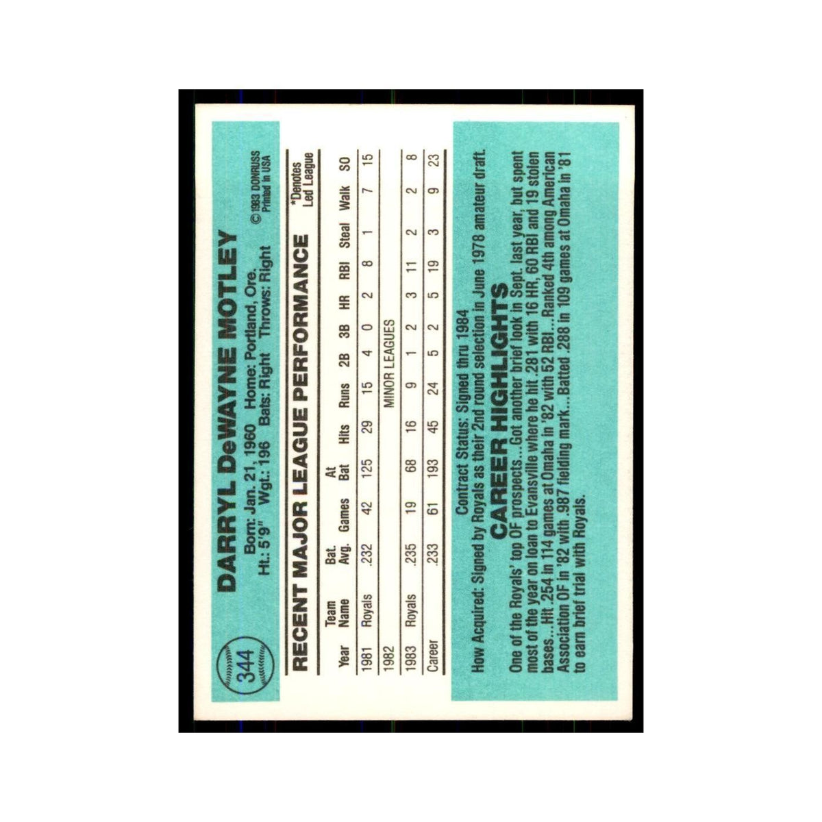 Darryl Motley 1984 Donruss #344 Kansas City Royals Baseball Card NM
