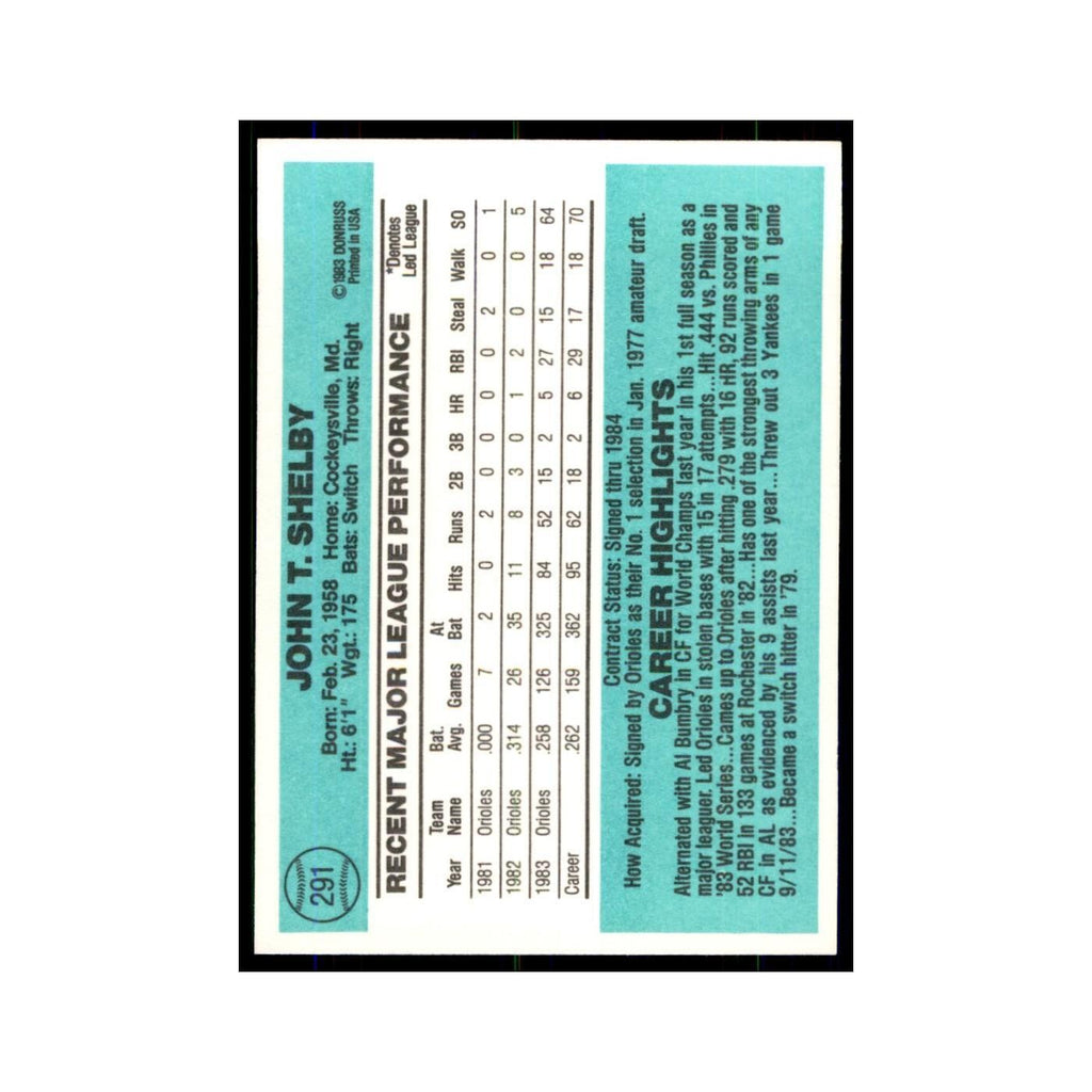 John Shelby Rookie 1984 Donruss #291 Baltimore Orioles Baseball Card NM