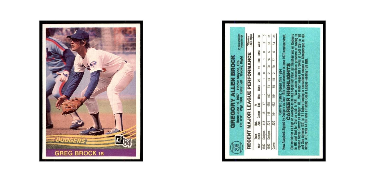 Greg Brock 1984 Donruss #296 Los Angeles Dodgers Baseball Card NM