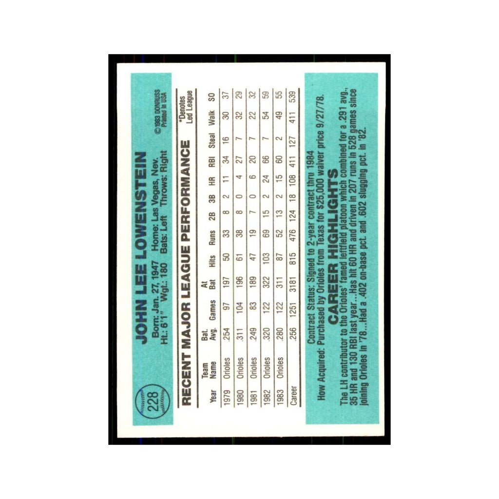 John Lowenstein 1984 Donruss #228 Baltimore Orioles Baseball Card NM